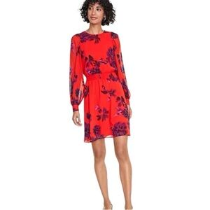 On 34th Women Mini Dress Floral Print Long Sleeve Flare Skirt Red Purple Size XL